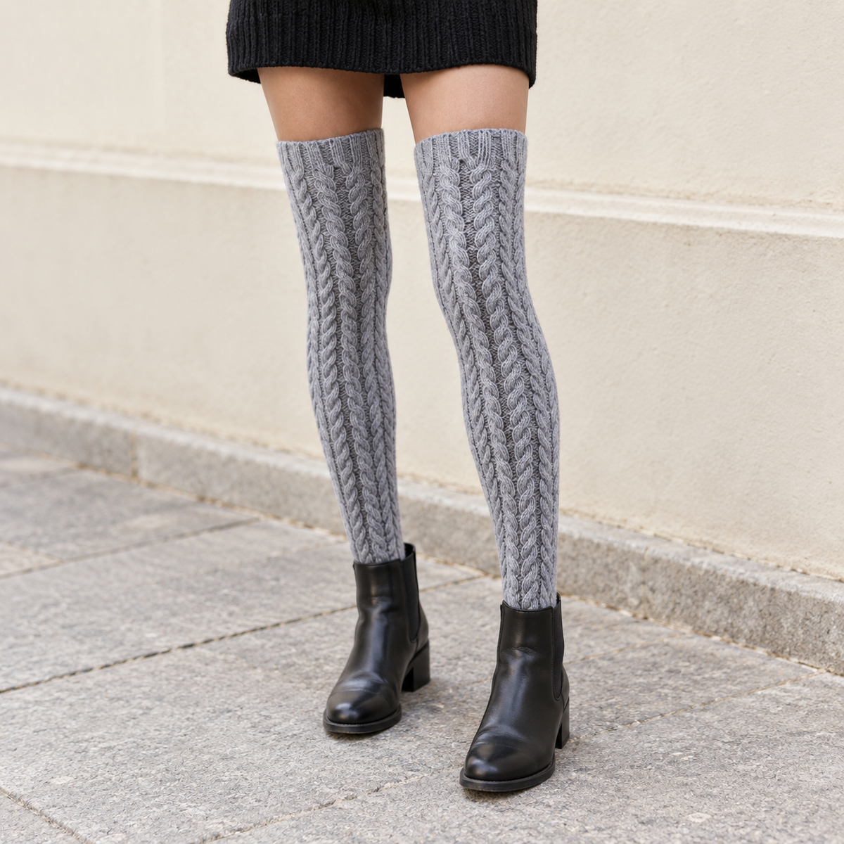 Gray Over-the-Knee Cable-Knit Socks