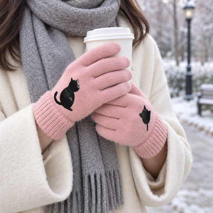 Pink Cat-Pattern Knit Gloves