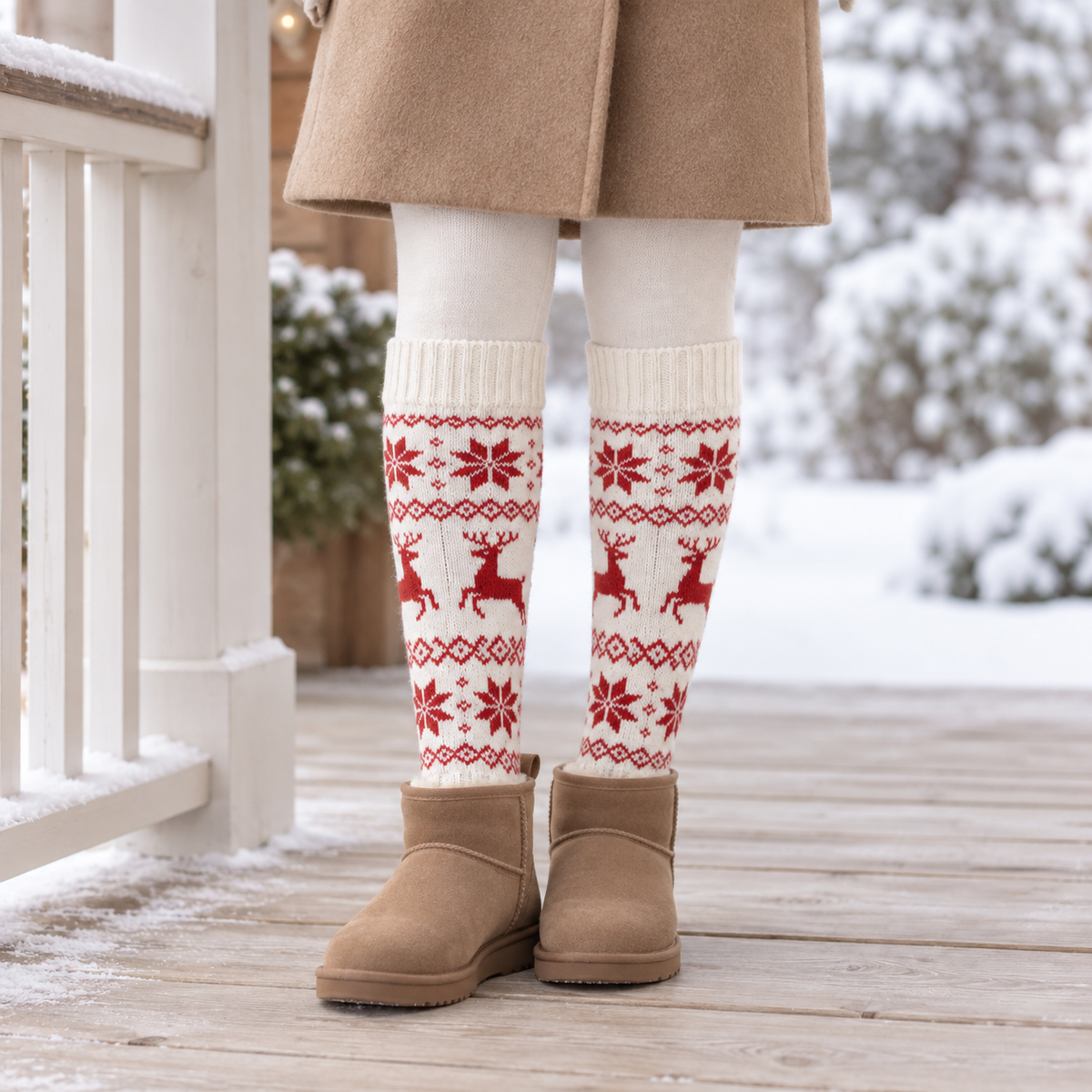 White Reindeer and Snowflake Knee-High Knit Socks