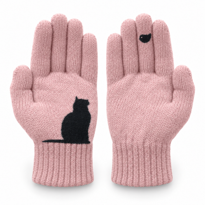 Pink Cat-Pattern Knit Gloves