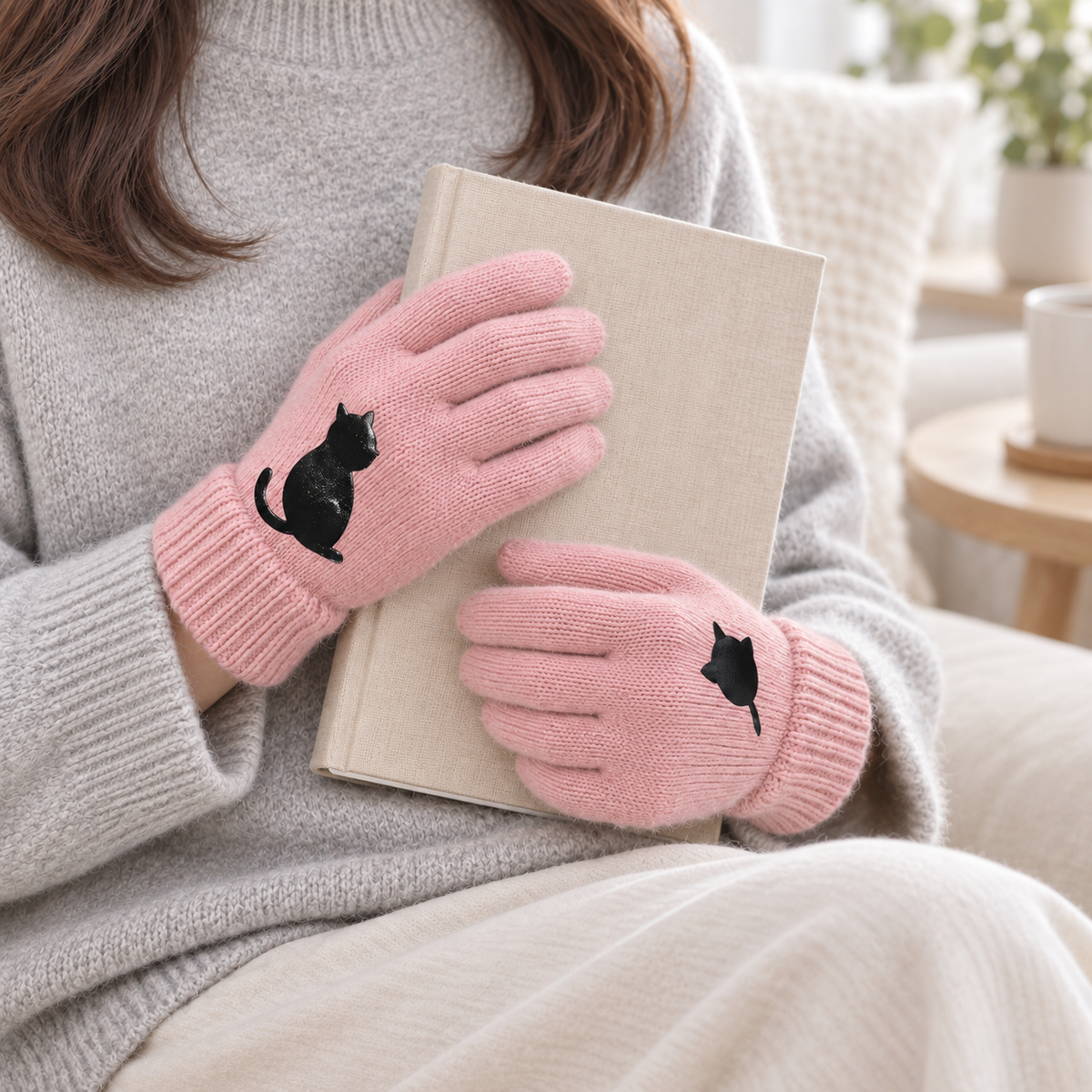 Pink Cat-Pattern Knit Gloves
