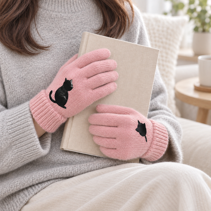 Pink Cat-Pattern Knit Gloves