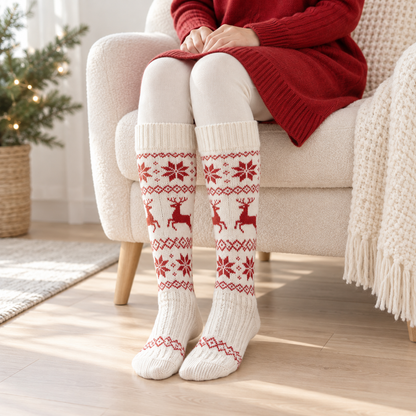 White Reindeer and Snowflake Knee-High Knit Socks