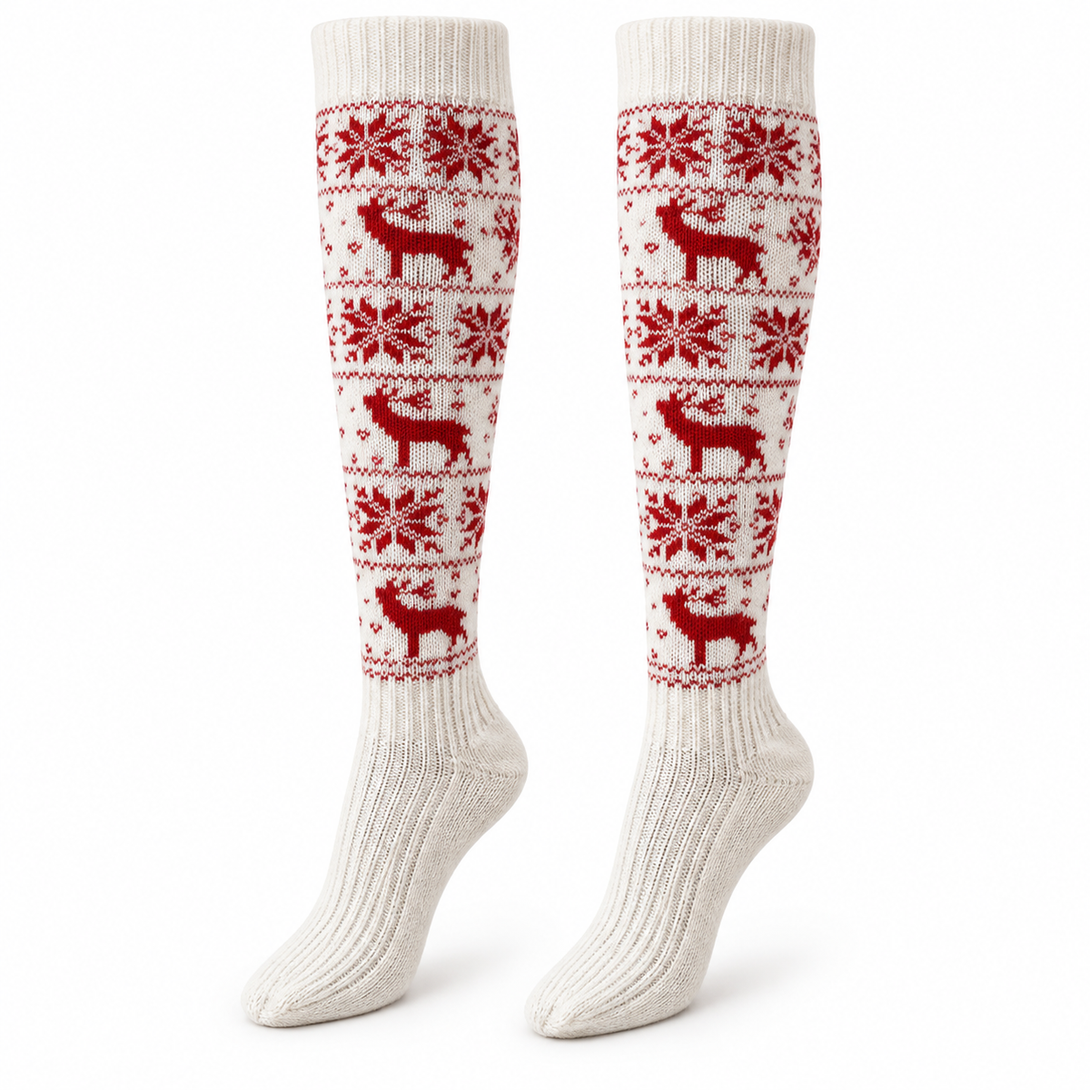 White Reindeer and Snowflake Knee-High Knit Socks
